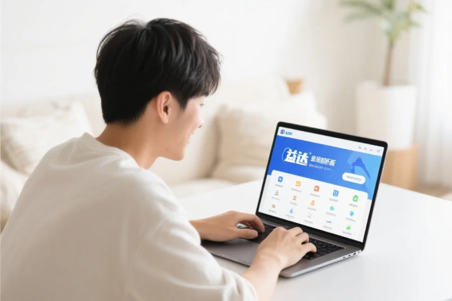 一位年轻用户在明亮舒适的室内环境中愉快地使用笔记本电脑，屏幕上展示安信13客户端新版界面